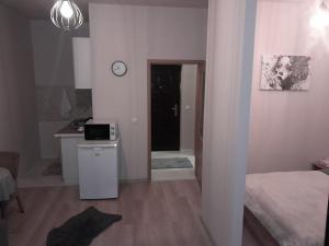 a room with a kitchen and a sink and a microwave at Gray Apartament 2 Pristina in Prishtinë