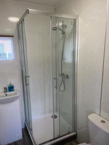 a bathroom with a shower and a toilet at Ivy Cabin with Hot Tub in York