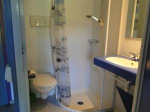 La petite salle de bains est pourvue de toilettes et d'un lavabo. dans l'établissement Auberge de Jeunesse HI Saint-Brieuc, à Saint-Brieuc