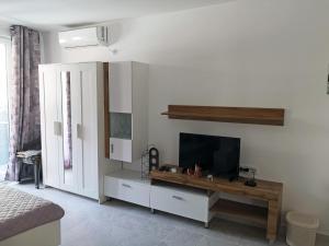 a living room with a tv on a wall at Comfortable Ground Floor Studio in Primorsko