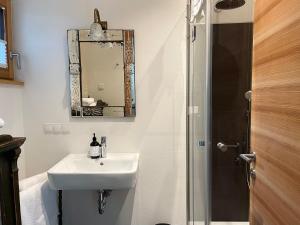 a bathroom with a sink and a shower with a mirror at Matador Lodges in Grabenstätt