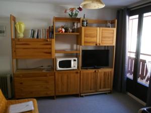 a entertainment center with a television and a microwave at Charmant 2 pièces cabine, balcon, 4 pers, proche pistes et commerces aux Adrets - FR-1-557-106 in Les Adrets