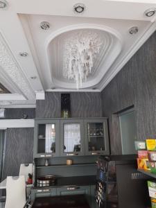 un soffitto a cassettoni con lampadario a braccio in un salone di Vila Lemic Postojna a Postumia