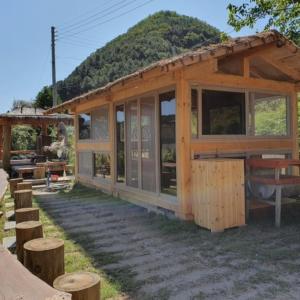 a small wooden house with a mountain in the background at Saranbang Pension in Gapyeong