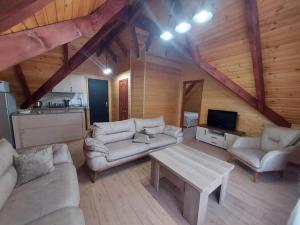 sala de estar con sofás, mesa y cocina en Forest Side Gogolati en Ambrolauri