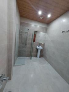 a bathroom with a shower and a sink at Forest Side Gogolati in Ambrolauri