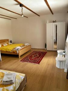 um quarto amplo com 2 camas e um tapete em Casa Mari em Cîrţişoara