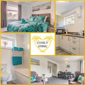 a collage of photos of a bedroom and a bathroom at Lovely Magnolia Apartment- 1king and 4 Single Accommodation Torquay in Torquay