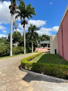 a driveway with palm trees and a pink building at Motel Village in Teófilo Otoni