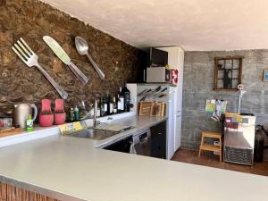 a kitchen with a counter and a sink and a refrigerator at Finca Zayas Casa Rural & Guest Suites in Periana
