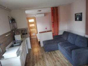 een woonkamer met een blauwe bank en een keuken bij Liberty Apartman Bükfürdő in Bük