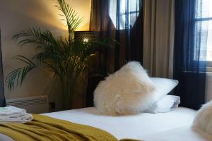 un perro blanco sentado encima de una cama en BLACKBURNE ARMS ,24 CATHARINE STREET HOTEL en Liverpool