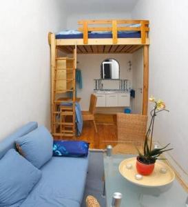 ein Wohnzimmer mit einem Sofa und einem Etagenbett in der Unterkunft Private Gästezimmer bei Ila Zimmerling in Dresden