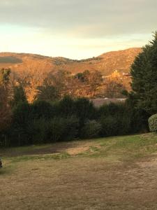 a field with trees and a hill in the background at Cabaña Caballeriza La Prestancia in Tandil