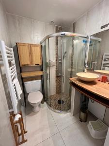 uma casa de banho com um chuveiro, um WC e um lavatório. em Calypso YourHostHelper em Ouistreham