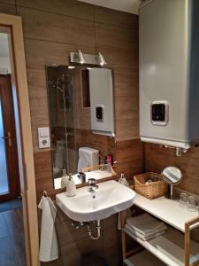 a bathroom with a sink and a mirror at Häuschen Viktória in Zamárdi