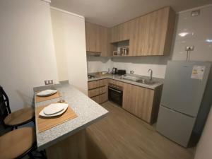 a small kitchen with a counter and a refrigerator at Pleno Centro Apart in Antofagasta