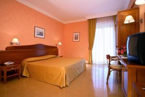 a hotel room with a bed and a television at Hotel Conchiglia d'Oro in Mondello