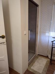 a bathroom with a shower with a glass door at chambre d'hôtes chez DENFLO in Sevremont