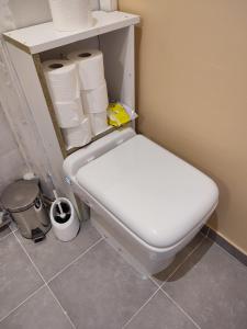 a toilet in a bathroom with rolls of toilet paper at chambre d'hôtes chez DENFLO in Sevremont