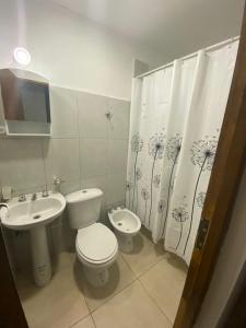 a bathroom with a toilet and a sink and a shower curtain at Departamento Gastón in Posadas