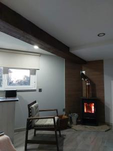 a living room with a chair and a fireplace at Casas Zé Pinto in Hospital