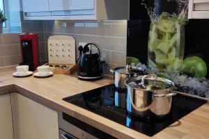 a kitchen counter with two pots and pans on a stove at Comfortable 1 Bed flat with Air Con in Borehamwood