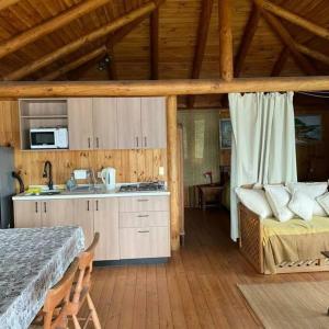 a room with a kitchen and a bed in a cabin at Maravillosa cabaña en orilla de Lago Vichuquén 