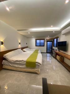 a bedroom with a large bed and a flat screen tv at Lemuju B&B Hotel in Daxi