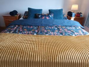 - un lit avec une couette et des oreillers bleus dans l'établissement Happy guest, à Dublin