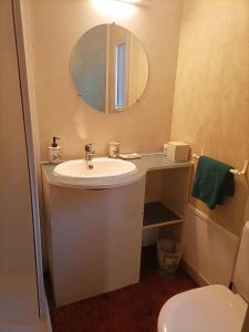 een badkamer met een wastafel en een spiegel bij Les Cabanes du Voyageur in Sainte-Marie