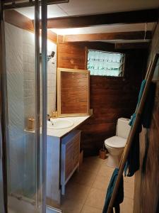 y baño con aseo, lavabo y ducha. en Les Cabanes du Voyageur, en Sainte-Marie
