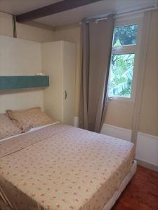 Schlafzimmer mit einem Bett und einem Fenster in der Unterkunft Les Cabanes du Voyageur in Sainte-Marie