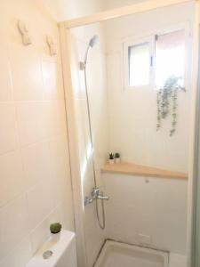 a bathroom with a shower and a toilet and a window at Estudio Don Antonio en el centro de La Laguna in La Laguna