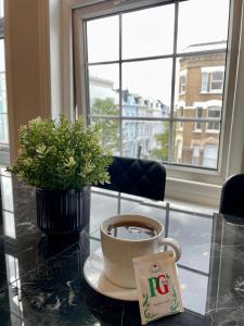 eine Tasse Kaffee auf einem Glastisch mit einer Pflanze in der Unterkunft Portobello Living in London