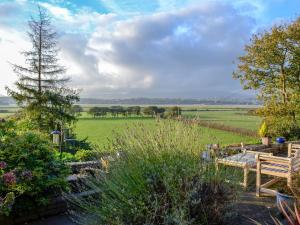 a garden with a bench and a view of a field at Cilgwyn in Llandecwyn