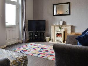 a living room with a television and a rug at Cilgwyn in Llandecwyn