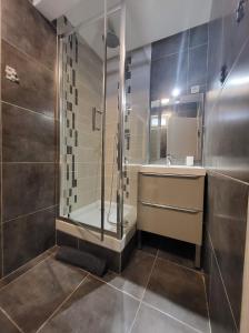 y baño con ducha y lavamanos. en CHAMBRE MIROIR Marseille T2 + jardin privé en Marsella