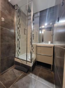 La salle de bains est pourvue d'une douche et d'un lavabo. dans l'établissement CHAMBRE MIROIR Marseille T2 + jardin privé, à Marseille