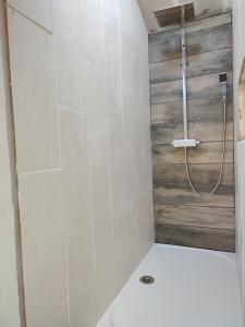 y baño con ducha de azulejos blancos. en L'Absolu, en Orvault