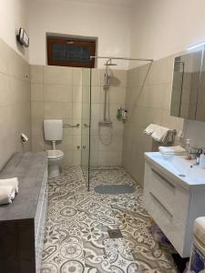 uma casa de banho com um chuveiro, um WC e um lavatório. em Holiday Home Sarin Most em Stolac