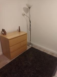 - un salon avec une commode et une lampe dans l'établissement Appartement neuf T2 dans résidence, à Schiltigheim