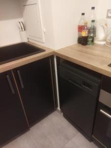 une cuisine avec des armoires noires et un lave-vaisselle noir dans l'établissement Appartement neuf T2 dans résidence, à Schiltigheim
