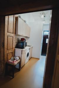 a kitchen with a stove and a microwave at The Downtown Nest in Cluj-Napoca