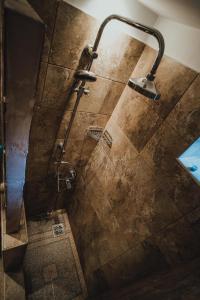 a shower in a bathroom with a shower head at The Downtown Nest in Cluj-Napoca
