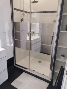 a shower with a glass door in a bathroom at Idéal long séjour, Souvenirs de Provence,T2 classé, vue sur les montagnes, toutes commoditées! in Digne-les-Bains +12 photos