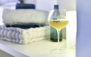 a glass of white wine sitting on a counter at B&B Calligaris in Dobrovo