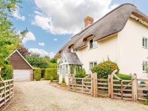 a white cottage with a thatched roof at Appledore Cottage in Farnham