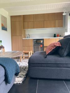 ein Wohnzimmer mit einem Sofa und einem Tisch in der Unterkunft TinyHouse LE CONQUET in Le Conquet
