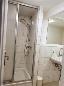 La salle de bains est pourvue d'une douche et d'un lavabo. dans l'établissement QUELLQUARTIER, à Fulde